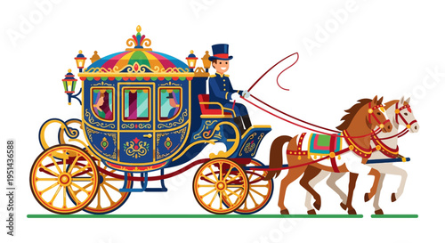 Ornate horse drawn carriage transports royalty with a driver and passengers