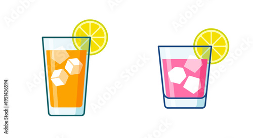 Two colorful drinks with ice and lemon slices a refreshing summer scene
