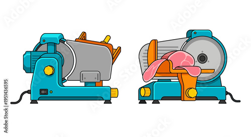 Illustration of a commercial meat slicer with sliced ham displayed