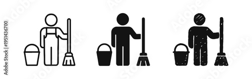 Cleaner Person with Broom and Bucket Icons Set. Janitor, Housekeeping, and Cleaning Service Symbols.