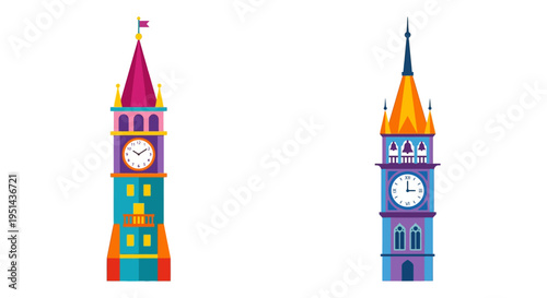 Colorful illustrated clock towers stand isolated on a white background