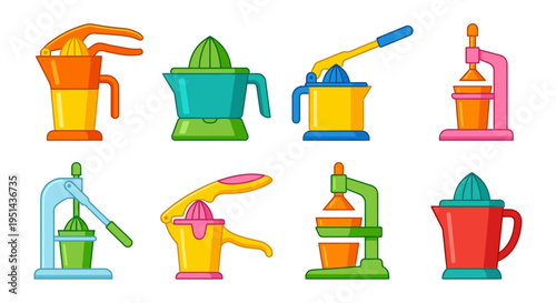 Colorful assortment of vintage and modern manual citrus juicers