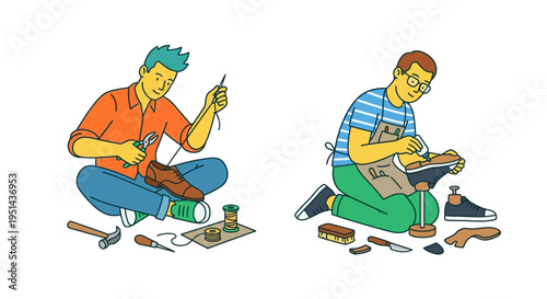 Two men are shown repairing shoes with various tools and materials