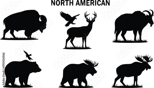 North American wildlife animal silhouettes deer bear bison eagle vector set