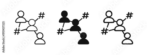Social Network and Hashtag Icons Set. People Connection, User Group, and Online Community Symbols.