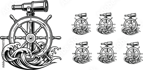 Vintage nautical ship wheel silhouette illustrations with waves and telescope
