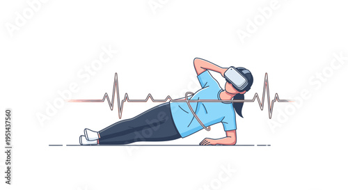 Woman in VR headset doing side plank exercise with heart rate monitor, virtual reality fitness concept