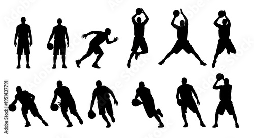 Various dynamic basketball players in action on court with ball