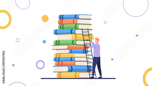 Vector illustration of curious person climbing colorful ladder reaching stacked books on white decorative dotted background