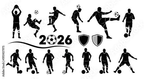 Soccer players in action kicking ball with shields and 2026 year on white