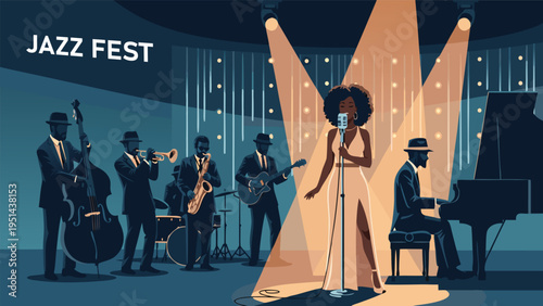 Jazz festival vector illustration woman singer microphone stage musicians performance event