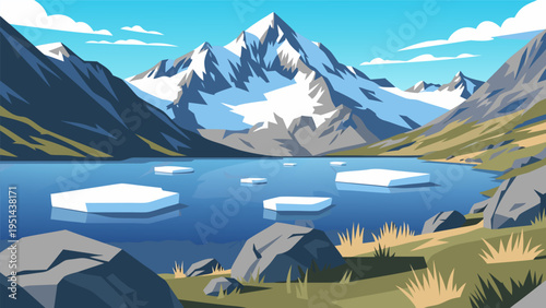 Vector illustration of tranquil mountain lake with floating ice floes and snow-capped peaks