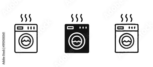 Washing machine with drying steam function icons set. Laundry, appliance, and household chores symbol.