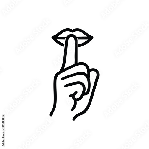 Shhh hand gesture finger on lips black and white vector silence icon line art illustration