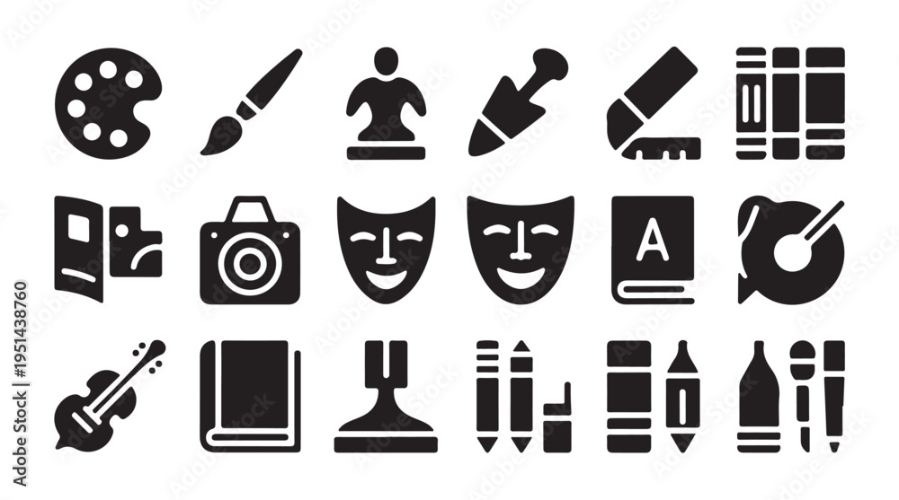 Obraz premium Creative arts and crafts solid icons set. tools and objects for artistic expression and hobbies