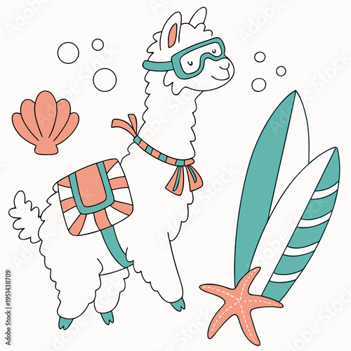 Charming SVG of a Funny Alpaca featuring wearing glasses, styled in a Under the Sea theme with Ocean Dreams hues