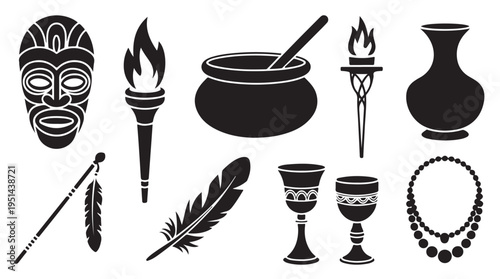 Tribal ritual objects collection with mask torches ceremonial pot feather and antique cups