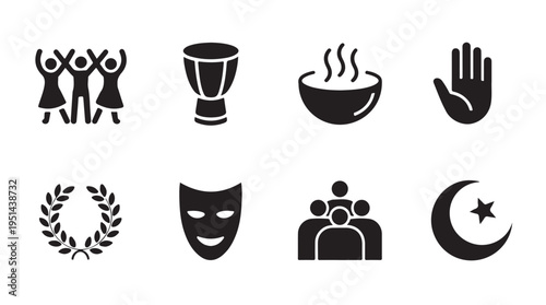 Culture and religion glyph icons set. symbols of various traditions, beliefs, and arts