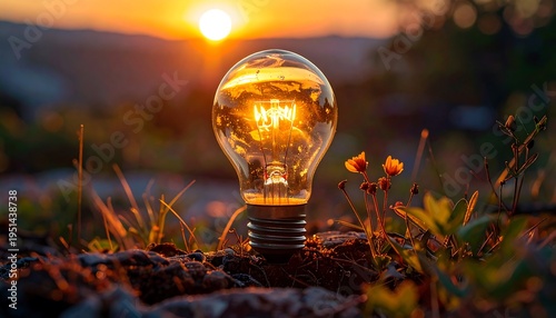 Illuminated lightbulb at sunset