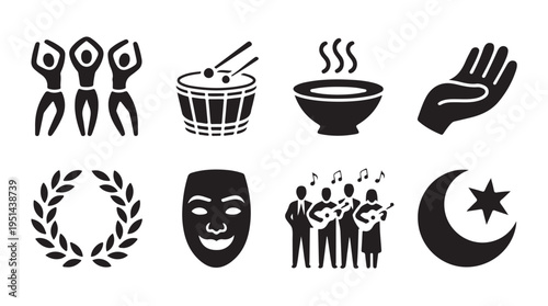 Culture and religion glyph icons set. symbols of various traditions, beliefs, and arts