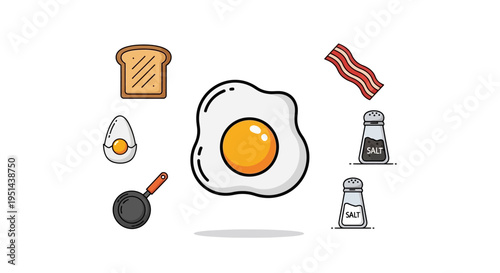 Fried egg with breakfast food items.