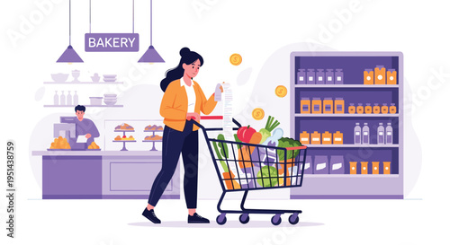Woman checks her long receipt while pushing a shopping cart full of fresh vegetables in a grocery store.