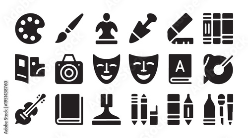 Creative arts and crafts solid icons set. tools and objects for artistic expression and hobbies