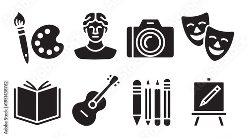 Creative arts and crafts solid icons set. tools and objects for artistic expression and hobbies