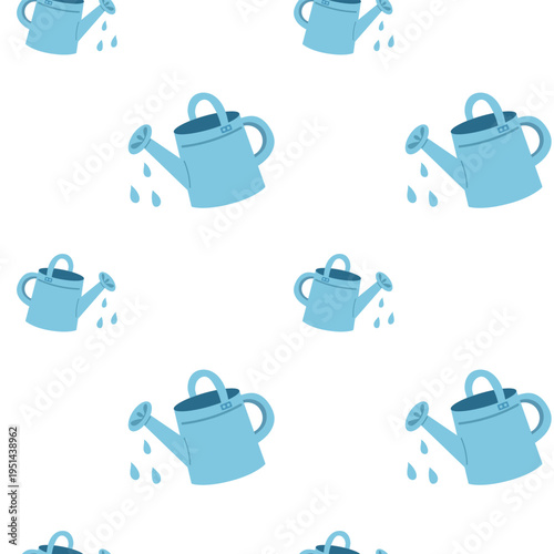 Blue watering can seamless pattern with water drops