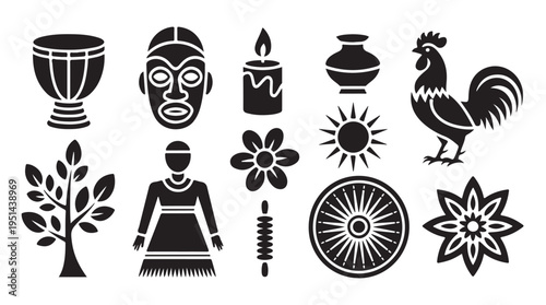 African culture black silhouette icons set including drum, mask, candle, vase, rooster, sun, tree