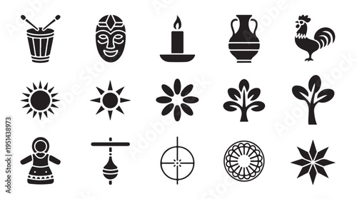 African culture black silhouette icons set including drum, mask, candle, vase, rooster, sun, flower