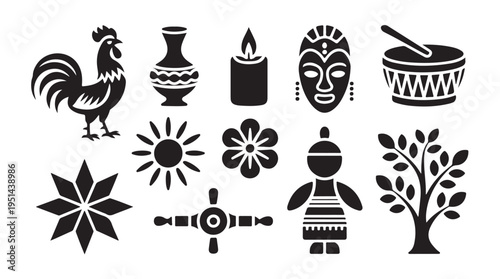 African culture black silhouette icons set including rooster, vase, candle, mask, drum, sun, flower