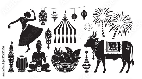 Indian festival black silhouette icons set including dancer, drum, cow, lanterns, palm trees