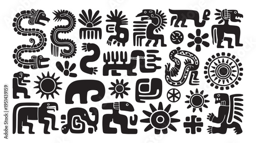 Ancient tribal ethnic symbols and totem glyphs black silhouette vector flat style graphic set