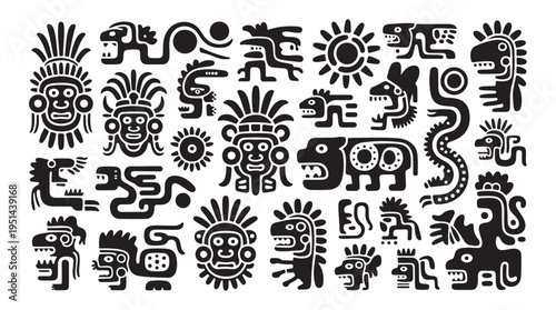 Ancient tribal ethnic masks and totem glyphs black silhouette vector flat style graphic set