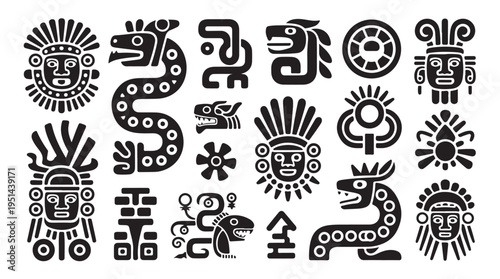 Ancient tribal ethnic masks and totem glyphs black silhouette vector flat style icon set