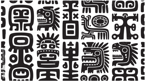 Ancient tribal ethnic patterns and totem glyphs seamless vector background flat style graphic