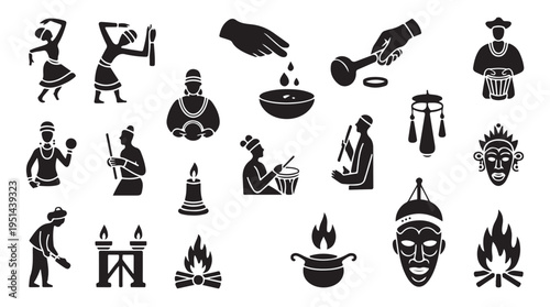 African dance ritual and traditional culture elements set including masks, instruments, and fire