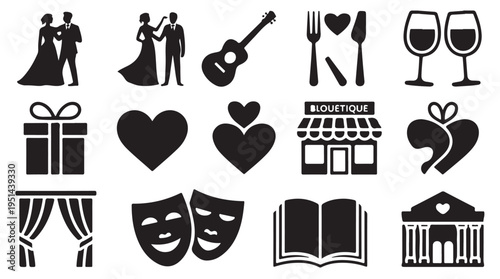 Wedding and romance icons set with dancing couple hearts gift theater masks and wine glasses