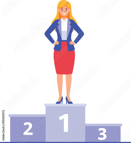 Confident businesswoman standing on a podium in first place isolated on white background