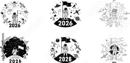 Six abstract designs featuring a silhouette with dates and various patterns