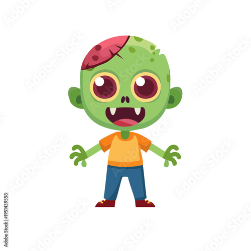 A cute cartoon zombie character with a green skin, big eyes, and an open mouth, ready for fun or mischief. The zombie has an interesting stitched wound on its head, adding to its spooky charm
