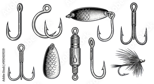 Vintage Fishing Lures and Hooks Collection - Engraved Style Illustration