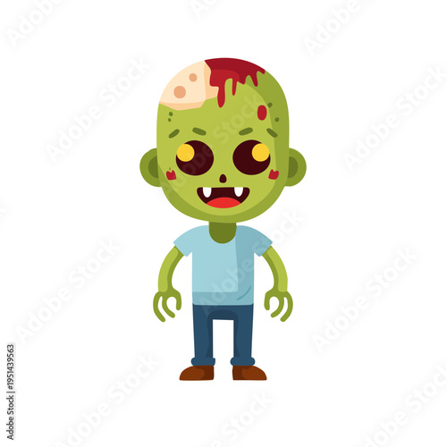 A cute zombie cartoon character with an exposed brain. The cartoon zombie has green skin and open wounds on his head 