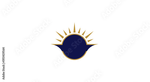 Abstract sun logo icon, dark blue circle with golden rays, modern minimalist design