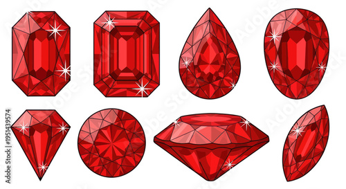 Collection of radiant red gemstones in various cuts, sparkling with light.