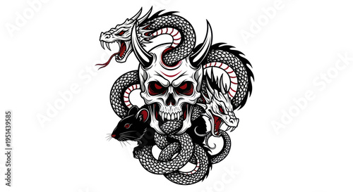 Demonic Skull with Dragons and Rat, Dark Fantasy Art, Tattoo Design