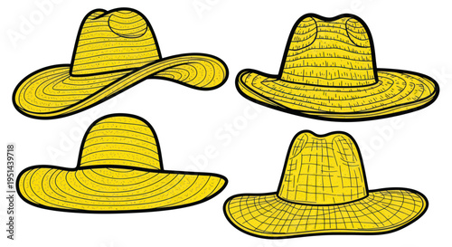 Set of Four Yellow Straw Hats for Sun Protection and Fashion
