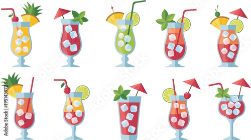 Set of Colorful Summer Cocktail Drinks with Ice and Fruit Garnish in Flat Design