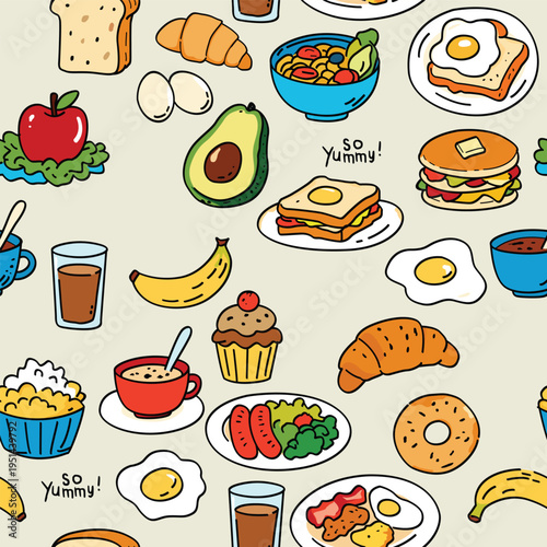 Seamless Hand-Drawn Breakfast Food Pattern
